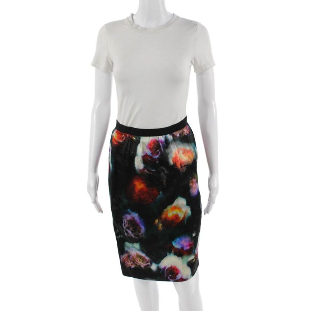 Designer Women Black Floral Straight Pencil Skirt Acetate Cotton Size 40